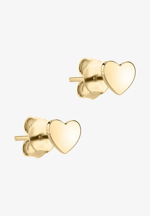 Gold stud earrings with smooth polished heart shapes and butterfly clasps on a white background.