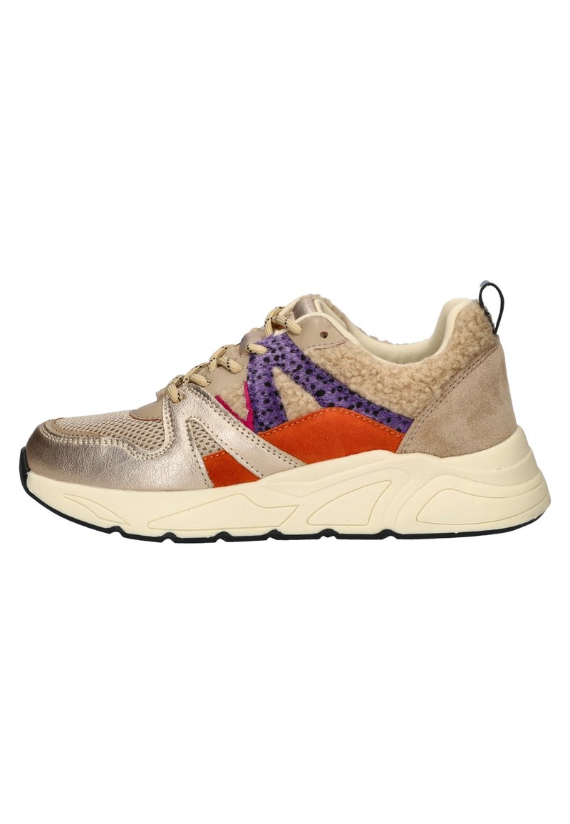 Lace-up sneaker with a beige metallic mesh upper, purple, orange, and texture accents, and a chunky cream sole. Features a textured back panel.