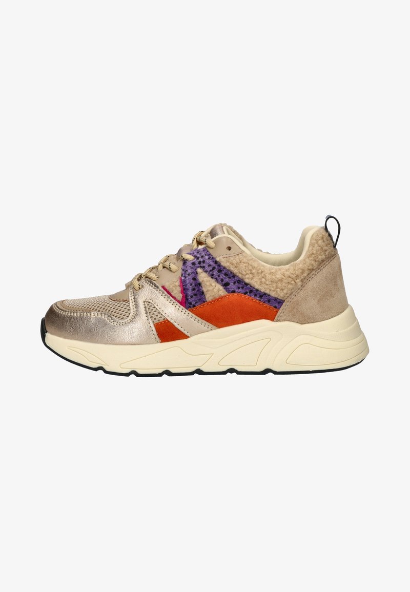 Lace-up sneaker with a beige metallic mesh upper, purple, orange, and texture accents, and a chunky cream sole. Features a textured back panel.