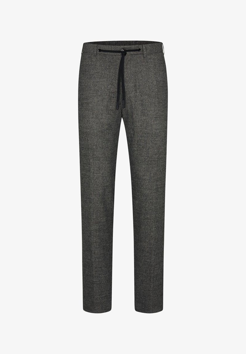 Grau gemusterte Hose mit flacher Vorderseite, Kordelzugverschluss und Seitentaschen. Slim-Fit-Design mit glatter Textur und schmal zulaufenden Beinen.