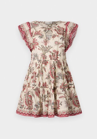 Blumendruckkleid in Creme, mit kurzen Flügelärmeln, gerafftem Tailleneinsatz und kontrastierenden roten Akzenten am Ausschnitt und Saum.