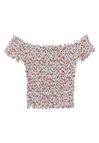 Off-the-shoulder, short-sleeve top made of smocked fabric with a white base and red floral pattern, featuring ruffled edges.