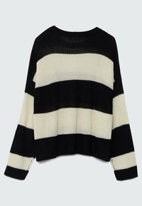 Maglione a strisce nero e crema, texture lavorata a maglia, vestibilità rilassata, maniche ampie, scollatura rotonda, con fessure laterali e orlo a coste.