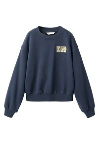 Laivastonsininen collegepaita pyöreällä pääntiellä, resorit hihansuissa ja helmassa. Edessä kultainen painettu teksti "UNPLUGGED LIVE IN NEW YORK".