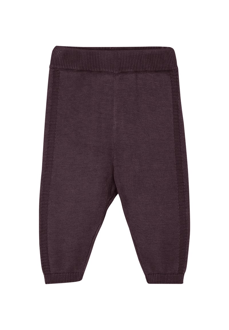 Donkerpaarse gebreide broek met een geribde tailleband en manchetzoom. Bevat een gestructureerd patroon langs de zijkanten.
