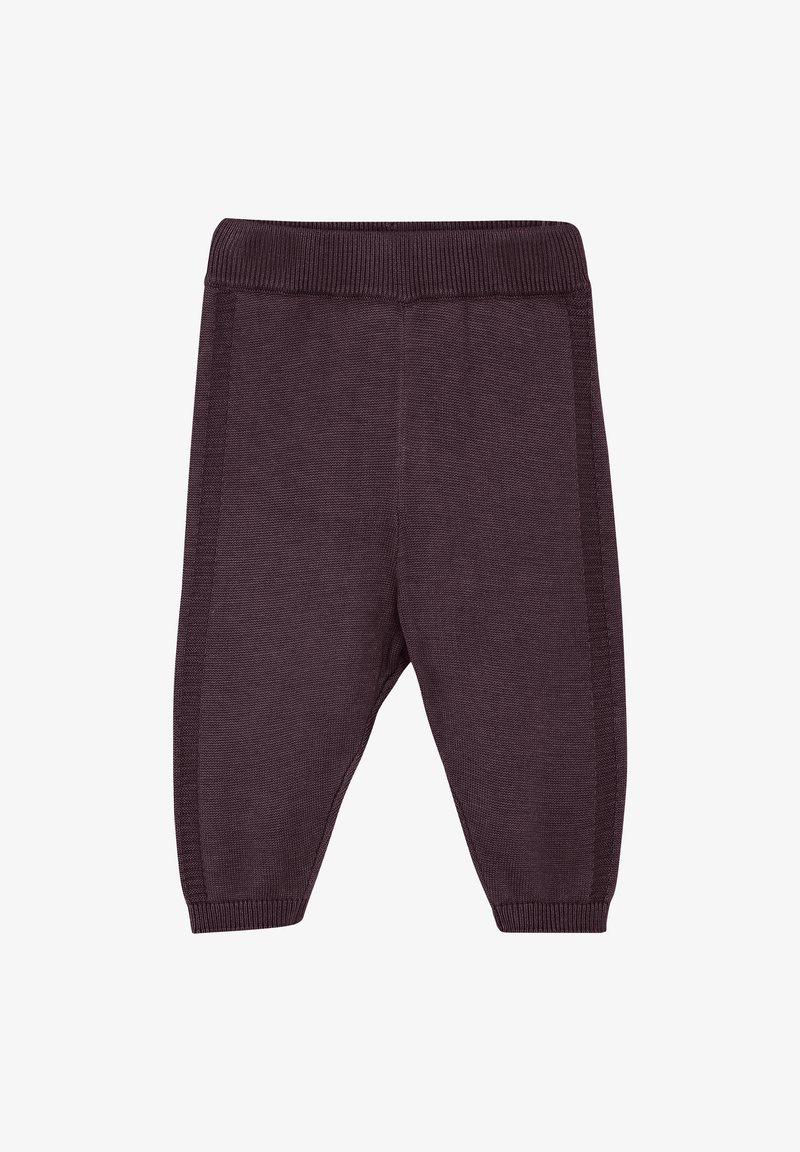 Dunkelviolette Strickhose mit einem gerippten Bund und umgeschlagenen Säumen. Verfügt über ein strukturiertes Muster entlang der Seiten.