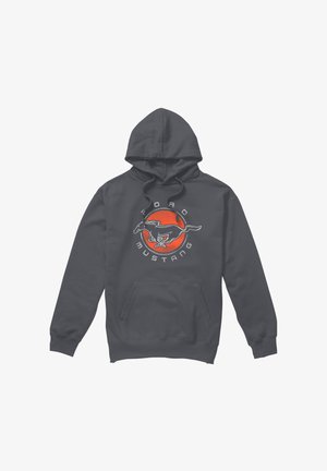 Dark gray hoodie with front pocket, drawstrings, and a red circular Ford Mustang logo featuring a running horse.