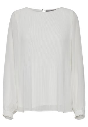 Witte blouse met lange mouwen en een ronde halslijn, met een zachte, geplooide textuur en elastische manchetten. Lichtgewicht, semi-transparant materiaal.