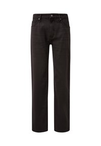 Čierne rovné džínsy so zapínaním na gombík a zips, predné a zadné vrecká a pútka na opasok na bielom pozadí.