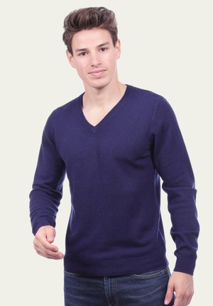 Pull en V bleu marine en tissu tricoté avec manches longues, arborant une silhouette ajustée et des poignets et un ourlet côtelés.