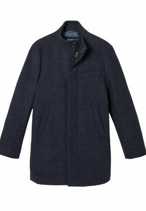 Marineblaue Wolljacke mit hohem Kragen, vorderem Knopfverschluss, Seiten- und Brusttasche, mit strukturierter Oberfläche und minimalistischem Design.