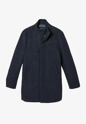 Marineblaue Wolljacke mit hohem Kragen, vorderem Knopfverschluss, Seiten- und Brusttasche, mit strukturierter Oberfläche und minimalistischem Design.