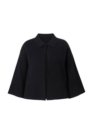 Tmavě modrý kardigan s límečkem, otevřeným předním dílem a širokými, splývavými rukávy. Vyrobený z měkké, texturované látky.