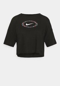 Musta lyhythihainen cropped t-paita, jossa on edessä väri-ihanuuden kukkarajattu Nike-logo. Silkkinen puuvillakudos.