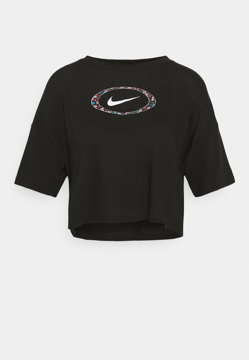 Musta lyhythihainen cropped t-paita, jossa on edessä väri-ihanuuden kukkarajattu Nike-logo. Silkkinen puuvillakudos.