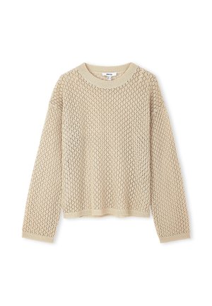 Beige gebreide trui met een losse, ademende textuur, ronde halslijn en lange mouwen. Voorzien van rib gebreide boorden en onderkant.