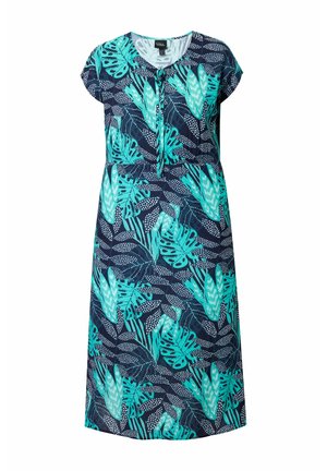 Marineblå knælængde kjole med korte ærmer, rund halsudskæring med bindedetalje og turkis tropisk bladmønster.