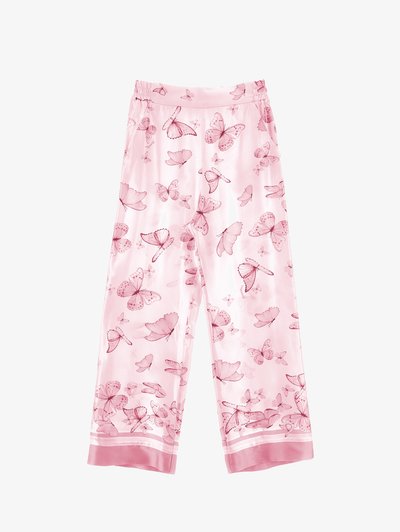 Pantaloni da pigiama rosa realizzati in materiale leggero, con un motivo di farfalle in varie sfumature di rosa, dotati di una vita e di finiture in raso.