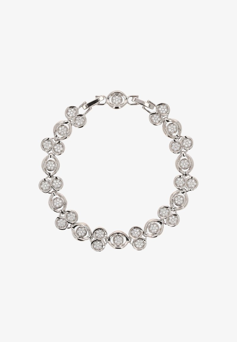 Stříbrný náramek se zaoblenými články s vloženými čirými kameny, střídajícími se se hladkými, leštěnými kovovými prvky.