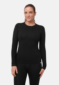 Black long-sleeve top made of smooth fabric, featuring a round neckline and minimal stitching details, worn with matching bottom.