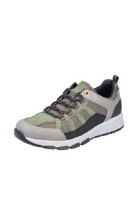 Men's athletic shoe with gray and green suede and mesh uppers, black accents, rubber sole, and orange hardware. Features lace-up design.
