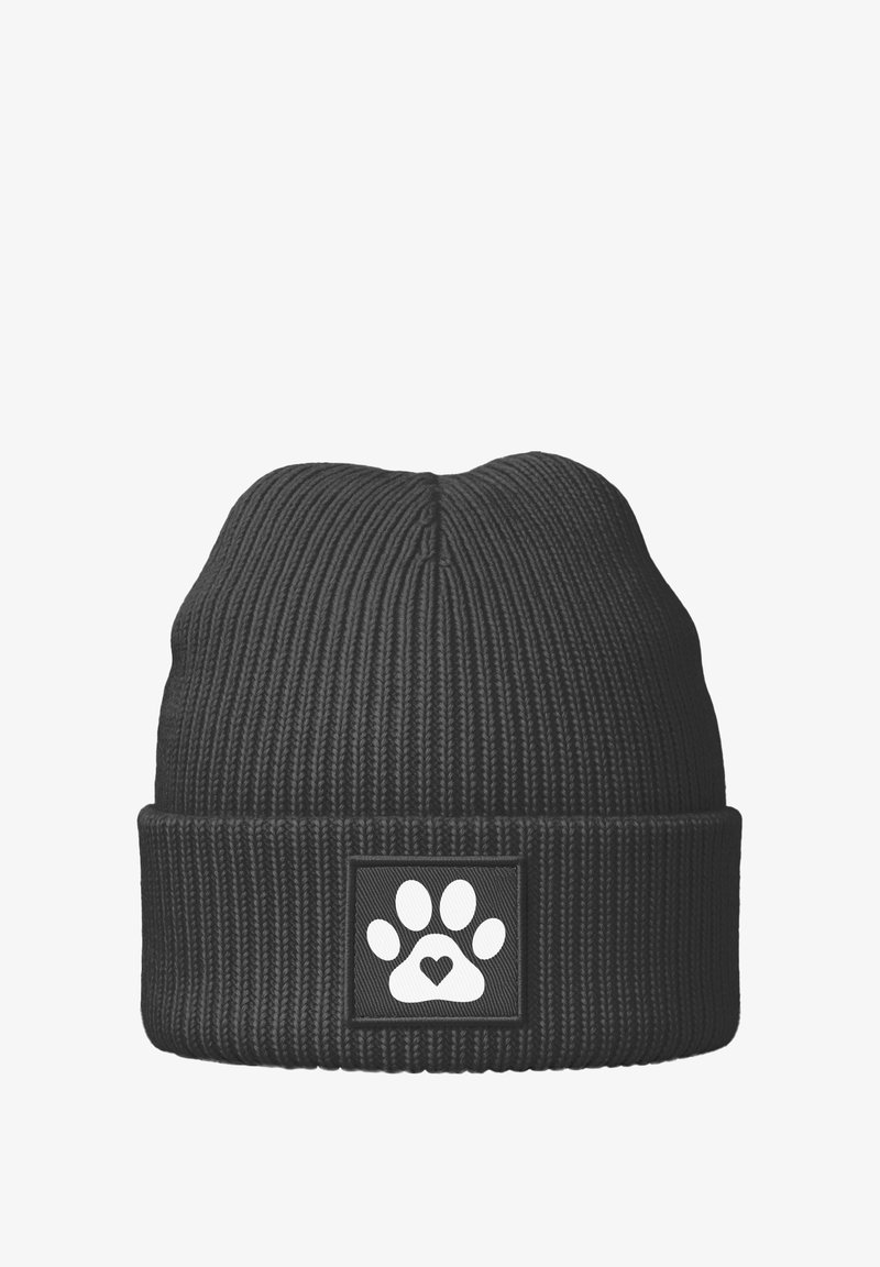Black knit beanie with a ribbed texture, featuring a square patch displaying a white paw print with a heart in the center.