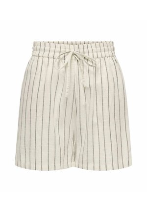 Beige shorts med lodrette, tynde sorte striber, elastisk taljebånd og snøre foran.