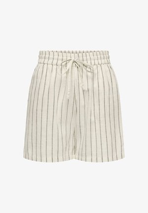 Beige korte broek met verticale dunne zwarte strepen, elastische tailleband en trekkoord aan de voorkant.