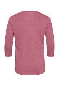 Camicia a maniche lunghe in morbido tessuto rosa chiaro. Presenta un collo rotondo e un orlo arrotondato. Texture liscia senza motivi o accenti visibili.