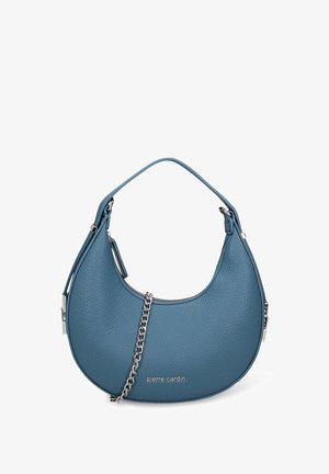 Textured light blue leather handbag with a curved shape, silver chain accent, and a top handle; features a zipper closure and logo detailing.