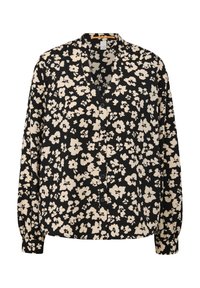 Blouse noire à manches longues avec motif floral beige, col en V et fermeture boutonnée devant, avec poignets froncés aux manches.