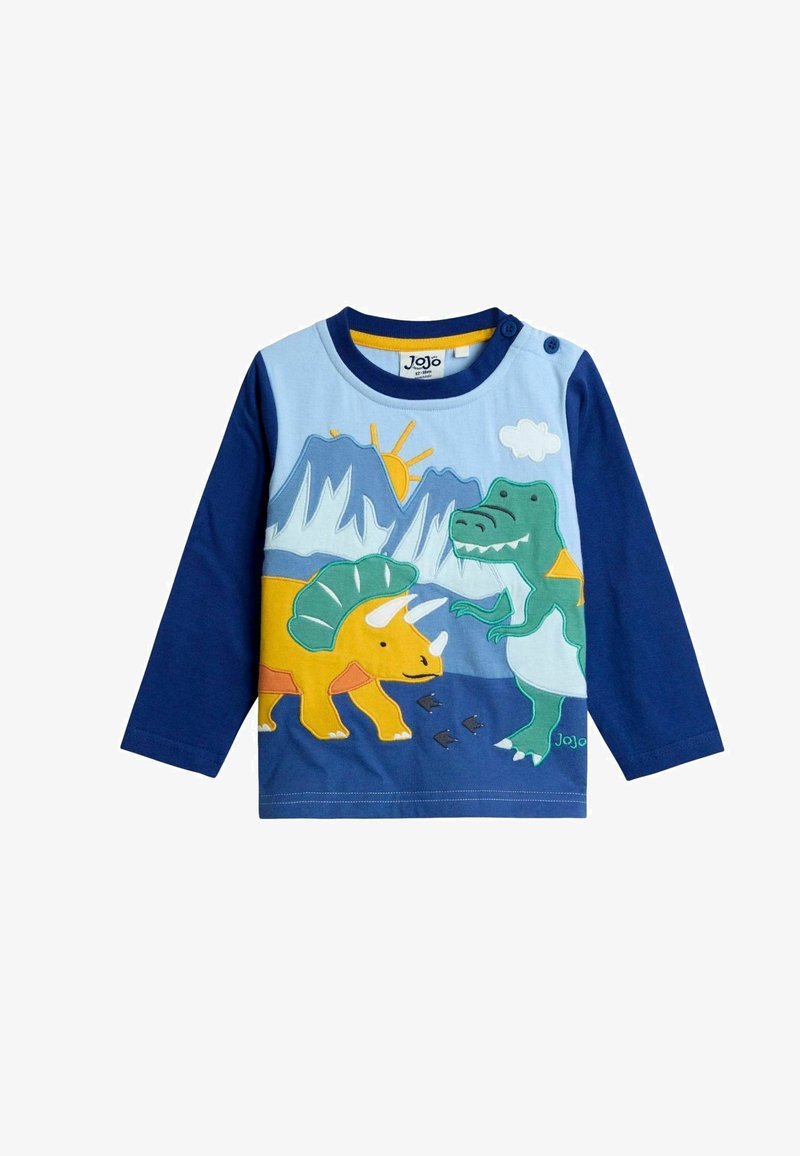 Majica dugih rukava plave boje s šarenim aplikacijama dinosaura, uključujući žutog triceratopa i zelenog T-Rexa, na pozadini planina.