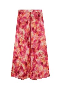 Long skirt in vibrant pink with abstract, watercolor-like pattern. Made of lightweight fabric. Features a straight cut and a concealed waistband.