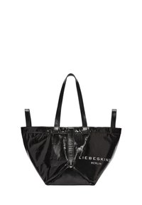 Borsa a spalla in patent nero con due manici lunghi, chiusura con zip e logo bianco "LIEBESKIND BERLIN" sul fronte. Materiale resistente, texture liscia.