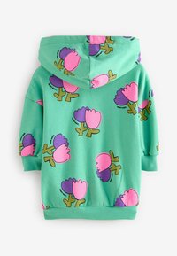 Hanorac verde cu motive mari, colorate de flori în roz și mov, cu manșete și tiv cu nervuri, fabricat dintr-un material moale și cu glugă.