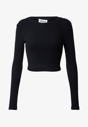 Zwarte, verkorte, langmouwige top van ribstof. Heeft een ronde halslijn en een aansluitend ontwerp, met naadloze randen. Etiket zegt "EDITED."