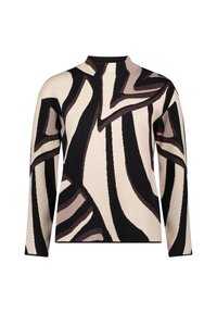 Sweter dzianinowy z wysokim kołnierzem, abstrakcyjnymi wzorami w kolorach beżowym, czarnym i brązowym, z długimi rękawami i teksturowanym materiałem.