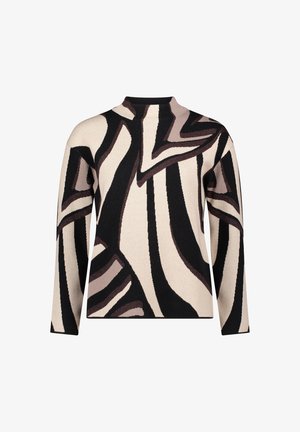 Sweter dzianinowy z wysokim kołnierzem, abstrakcyjnymi wzorami w kolorach beżowym, czarnym i brązowym, z długimi rękawami i teksturowanym materiałem.