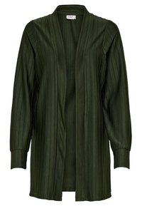 Dunkelgrüner, leichter Cardigan mit vertikal geripptem Textur, offenes Frontdesign und langen Ärmeln. Weiches Material, keine Verschlüsse oder Muster.