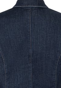 Denim jacket showcasing a dark blue hue, featuring prominent stitching details and a structured collar, with a smooth, textured surface.
