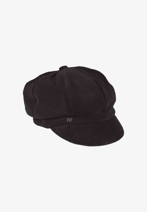 Black fleece cap with a rounded crown, short visor, and decorative stitching. Features a small metallic logo on the front band.