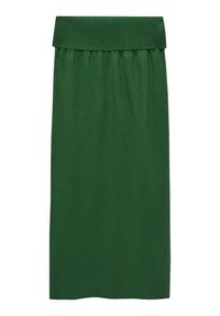 Jupe jusqu'au genou de couleur vert foncé, en tissu doux, avec une ceinture élastique côtelée, présentant une texture lisse et sans motifs ni accents visibles.