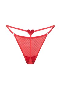 Tanga rouge en mesh transparent avec détail en forme de cœur à l'arrière, fines bretelles et motif texturé sur toute la surface. Design minimaliste avec accents élastiques.