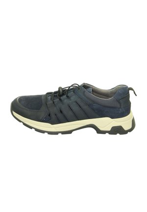 Navy blue athletic sneaker with gray mesh accents, black laces with toggle, and thick white and black sole, side view.