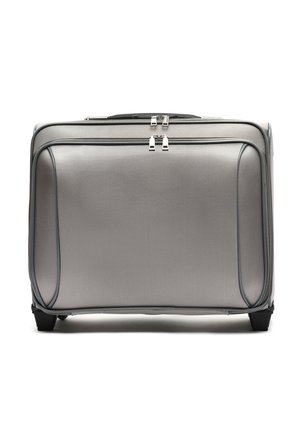 Silver hard-shell suitcase with textured finish, dual zippers, and sturdy black corner accents. Features top handle and four wheels.