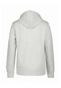Felpa grigia con una texture morbida, maniche lunghe e un cappuccio arrotondato. Polsini e orlo a costine con un design semplice e privo di decorazioni.