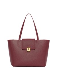 Borsa a tracolla bordeaux con finitura testurizzata, doppi manici e chiusura con gancio dorato. Presenta una forma strutturata e un design minimalista.