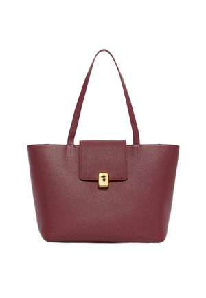 Sac fourre-tout bordeaux avec une finition texturée, double anses et fermeture à clip en doré. Présente une forme structurée et un design minimaliste.