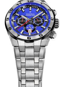 Orologio cronografo Festina con quadrante blu, bracciale in acciaio inossidabile argento, lunetta nera, marcatori delle ore prominenti e sottodial per le funzioni di cronometro.