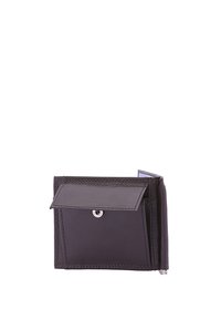 Portafoglio in pelle nera compatto con chiusura a patta, dotato di bottone a scatto, scomparti per carte e una sezione con zip per le monete.